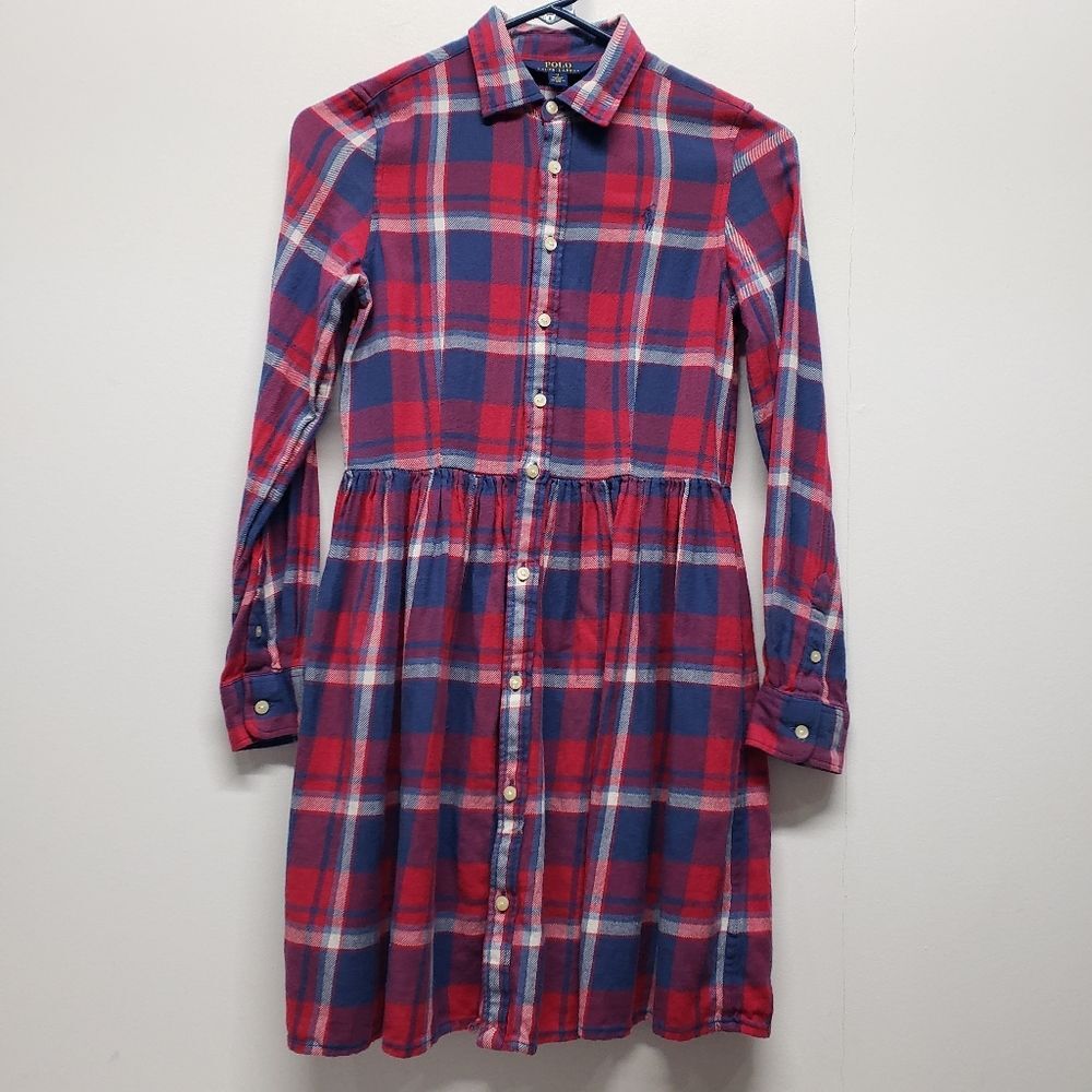 Polo Ralph Lauren Plaid Flannel Shirtdress Red Blue Tartan Button Front Girls 12